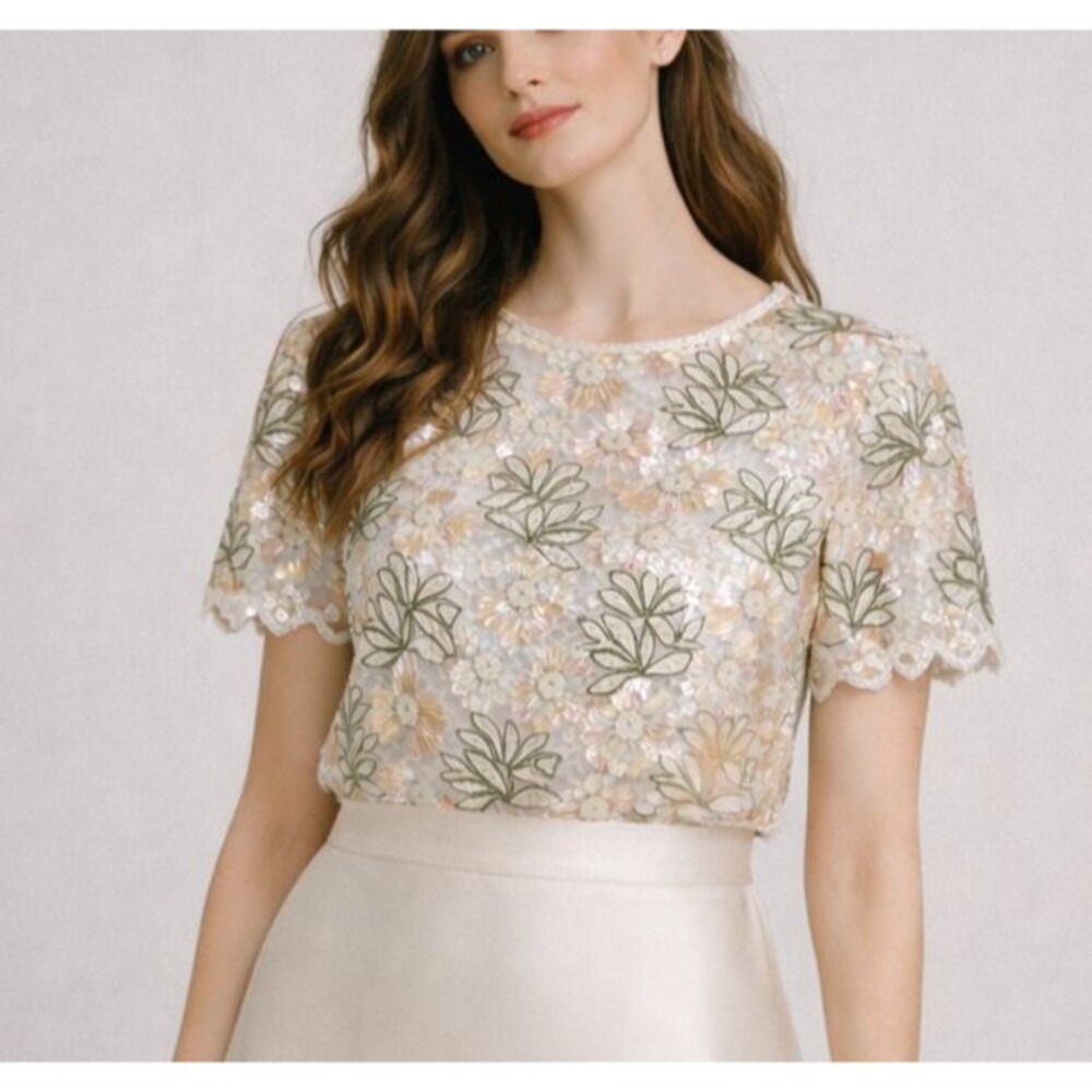 Vintage Floral Sequin Beaded Top Women L Ivory Iridescent Cottage Glam Fairy